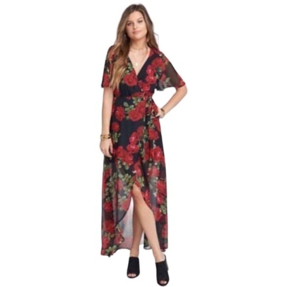 SMYMM SHOW ME YOUR MUMU ROMANTIC GOTH MARIANNE ROSES BLACK WRAP DRESS XS